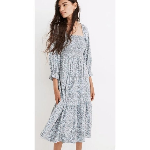Madewell Lucie Smocked Floral Midi Dress With Puff Sleeves Medium - Picture 1 of 16